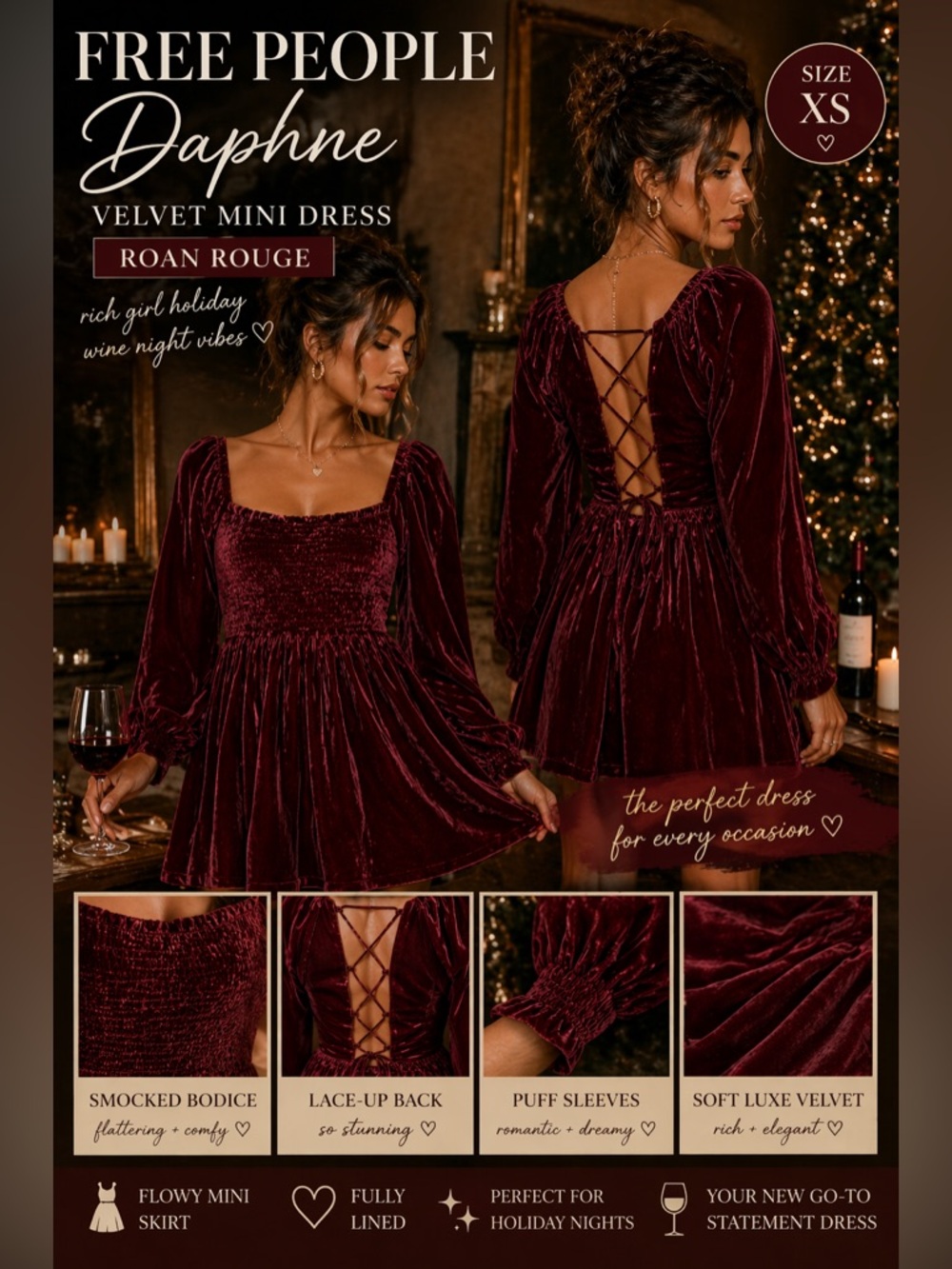 Free People Daphne Velvet Mini Dress Roan Rouge Burgundy XS